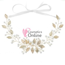 Accesoriu modern pentru decor par WED07DD Auriu cu perlute si frunze de 30cm 
